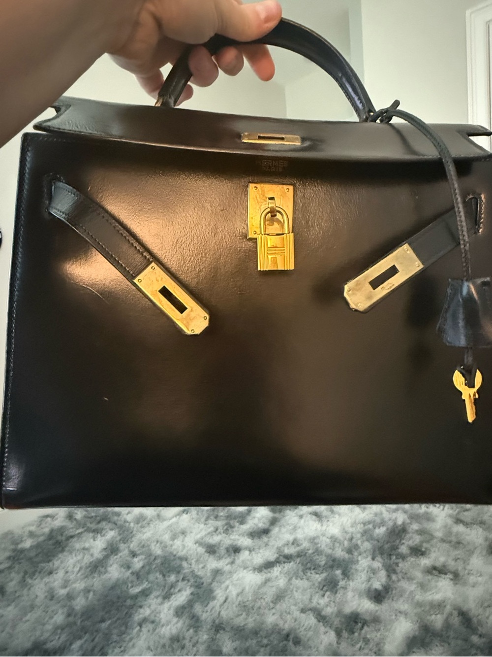 Ultra Vintage 1960 Hermes Kelly 32 Box Calf Dust Bag, Lock/Key/Clochette, Strap - Picture 14 of 17